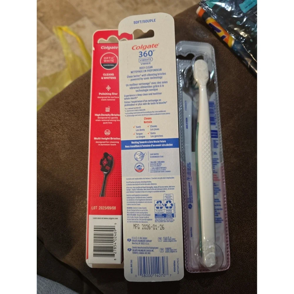 Colgate Toothbrush Lot Of 3 New Sealed Charcoal Optic, 360 Vibration & Total